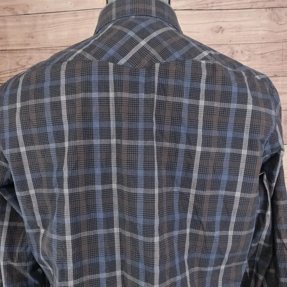 Banana Republic Shirt Mens Medium Blue Gray Plaid Western Pearl Snap Long Sleeve